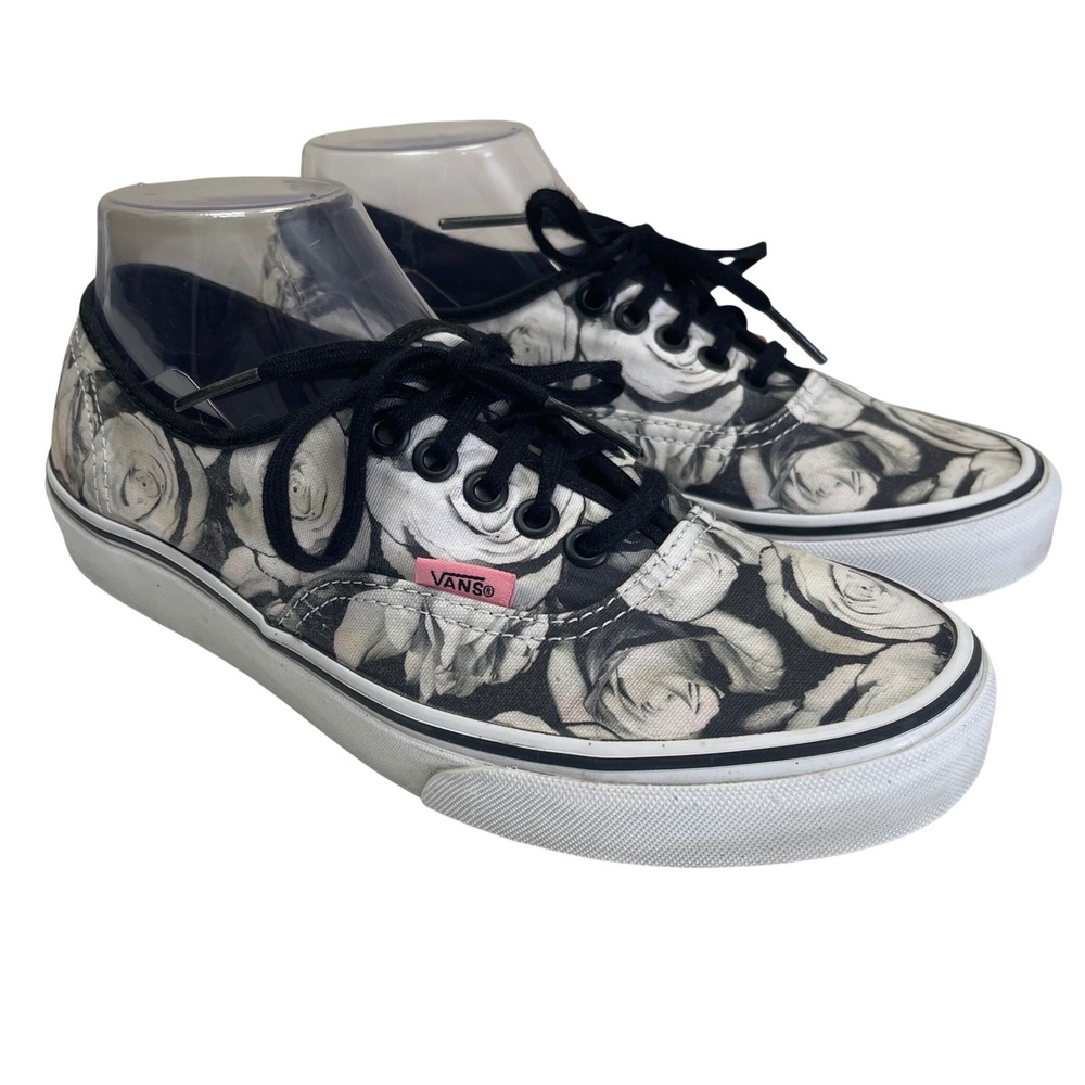 Vans Sneakers Womens 8 Black White Rose Floral Canvas Lace Up Low Top Shoes